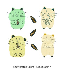 hand-drawn cute hamster and sunlower seed vector set collection. Creative animal texture for fabric, wrapping, textile, wallpaper, apparel.