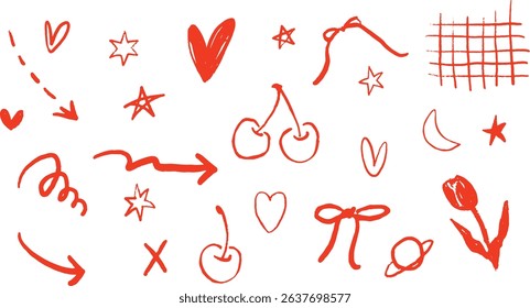 Hand-drawn cute heart, cherry, ribbon, and other decorative design elements