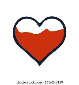 Hand-drawn cute heart isolated on a white background. Outline Heart half filled with red. Vector stock illustration for Valentine's Day, prints, t-shirts, clothes, weddings. Love symbol. Uneven heart