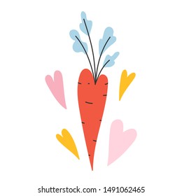 Handdrawn cute heart shaped carrot, isolated element in scandinavian colors. Sketch style red carrot, hand drawn illustration with love symbols , good for sticker, poster or t-shirt print for baby.