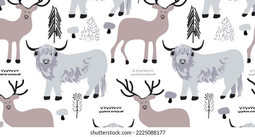 Hand-drawn cute Highland Cow and Reindeer in Scandinavian style on a white background. Perfect for Kids Fabric, Card, Banner, Textile, Wallpaper. Vector illustration