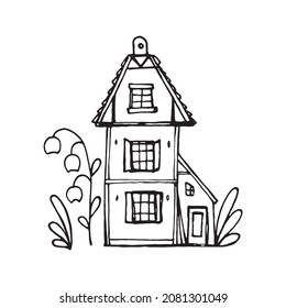 Hand-drawn cute house with giant flowers.