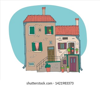 Hand-drawn cute house in mediterranean style
