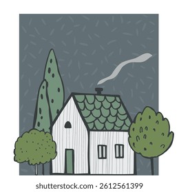 Hand-drawn cute  house and trees. Vector sketch illustration. 