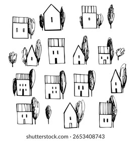  Casas y árboles bonitos dibujados a mano. Ilustración de boceto de Vector. 