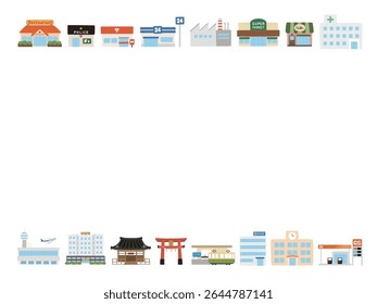 Hand-drawn cute illustration frame of various buildings in the city