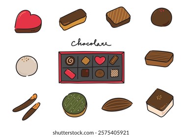 Hand-drawn cute illustration set of various chocolates