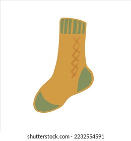 Hand-drawn cute isolated clip art illustration of cozy knitted yellow and green sock. Vector illustration EPS 10
