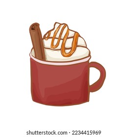 Hand-drawn cute isolated clip art illustration of cozy red mug with warm coffee with caramel cream and cinnamon stick. Vector illustration EPS 10