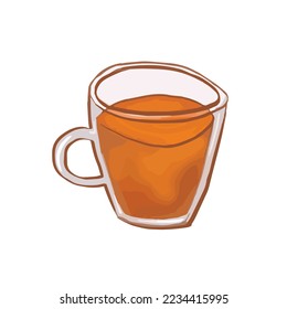 Hand-drawn cute isolated clip art illustration of cup of tea. Watercolor style glass mug with orange black tea. Vector illustration EPS 10
