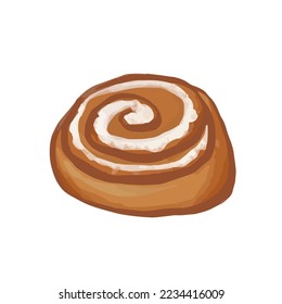 Hand-drawn cute isolated clip art illustration of cinnamon roll. Watercolor style traditional cinnamon bun with icing. Vector illustration EPS 10