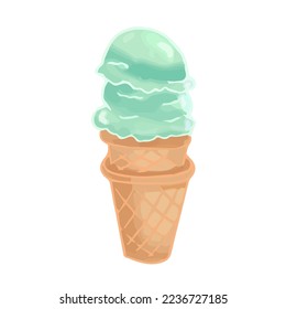 Hand-drawn cute isolated clip art illustration of green ice cream cone with two scoops. Vector illustration EPS 10