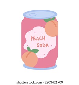 Hand-drawn cute isolated clipart illustration of peach soda can packaging. Kawaii pink aluminum can with beverage. Vector illustration EPS 10