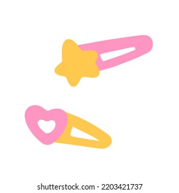 Hand-drawn cute isolated clipart illustration of star and heart shaped hairpins. Two pink and yellow hair clips for girls. Vector illustration EPS 10