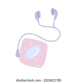 Hand-drawn cute isolated clipart illustration of y2k old cd player. 2000s pastel pink cassette tape music player device with earphones. Vector illustration EPS 10