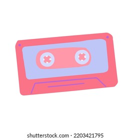 Hand-drawn cute isolated clipart illustration of y2k old cassette tape. 90s and 00s nostalgic pink magnetic audio tape. Vector illustration EPS 10