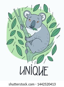 Hand-drawn cute koala bear on white background. Hand written lettering - Unique.