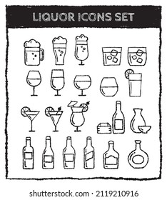 Hand-drawn cute liquor icons set (beer, wine, cocktails, sake, brandy, whiskey), Sketch illustration