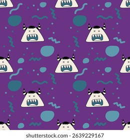 Hand-drawn cute monster on a purole background. Seamless pattern is halloween for clothing, fabric, wallpaper, backdrop, home decoration, cover book, and wall art. 