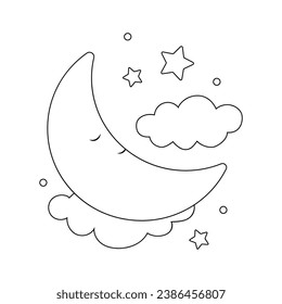 Hand-drawn cute moon and clouds for coloring book. Vector illustration isolated element. Black and white outline image