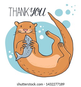 Hand-drawn cute otter with hand written lettering - Thank you