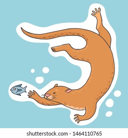 Hand-drawn cute otter hunting fish