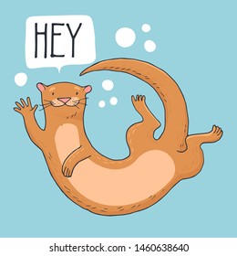 Hand-drawn cute otter with lettering - Hey