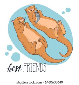 Hand-drawn cute otters with lettering - Best friends