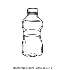Ilustração de contorno bonito desenhado à mão de uma garrafa de água plástica com tampa de parafuso e nível de água visível no fundo branco