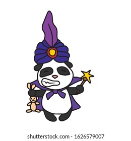 Hand-drawn cute Panda in a magical robe.Vector illustration on a white isolated background.Design for greeting cards banners.Animal
