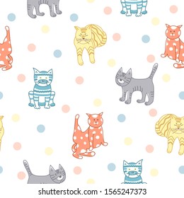 Hand-drawn cute pattern with multi-colored cats in the Scandinavian style on a white background with polka dots.