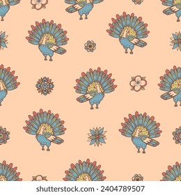 Hand-drawn Cute Peacock Seamless Pattern