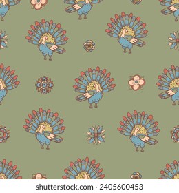 Hand-drawn Cute Peacock Seamless Pattern