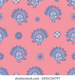 Hand-drawn Cute Peacock Seamless Pattern