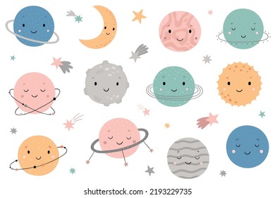 Hand-drawn cute planets, sun, moon, stars. A big space set. Vector illustration for children