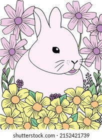 Hand-drawn Cute Rabbit with flower element vector doodle. Black and white lines. Vector Illustration.