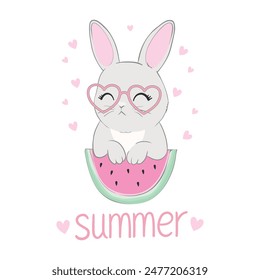 Hand-drawn cute rabbit with glasses and watermelon, vector illustration of a rabbit, children's print design