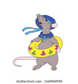 Hand-drawn. Cute rat in a blue beret with ribbons and a handkerchief collar. Going for a swim in a yellow inflatable circle