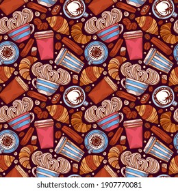 Hand-drawn cute seamless coffee pattern with croissant, bean, cinnamon. Colorful detailed. Сan be used for coffee house, menu, wrapping paper. Vector illustration