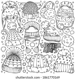 Hand-drawn cute set of different winter hats. Black and white seasonal headwear isolated on white backgroud. Vector illustration