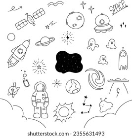 Handgezeichneter, süßer Weltraumgrafik-Set