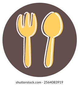 Hand-drawn cute spoon and fork icon circle