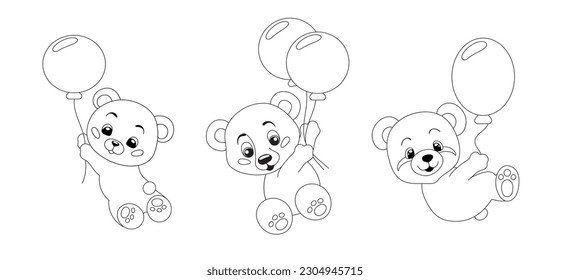 Hand-drawn cute teddy bears with balloons for coloring book cartoon.  Vector illustration isolated design element. Black and white outline image.  