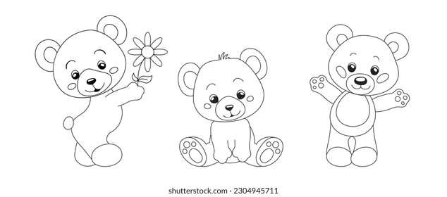 Los adorables osos de peluche dibujados a mano para la caricatura del libro de colorear.  Elemento de diseño aislado de ilustración vectorial. Imagen de contorno en blanco y negro. 