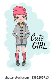 Hand-drawn cute teenage girl in a coat and hat. Vector illustration in vector style