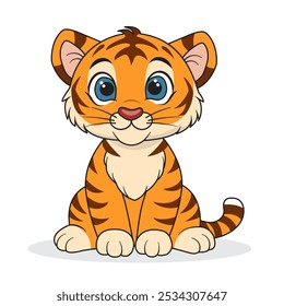 A hand-drawn cute tiger. Isolated on a white background. Vector illustration.  It can be used on children's T-shirts, textiles, printing.