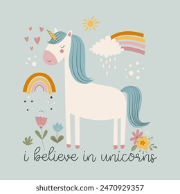 Hand-drawn cute unicorn and floral print design. Vector illustration for fashion fabrics, textile graphics, and prints.