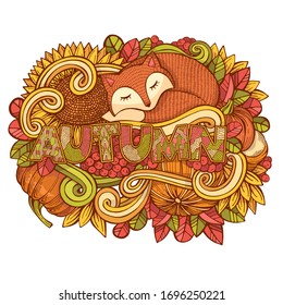 Ilustración portadora atractiva a mano sobre el tema del otoño. Arte original con símbolos del otoño. Gracioso diseño de temporada. Fondo vectorial creativo