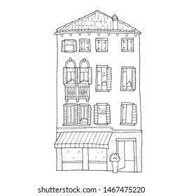 Hand-drawn cute venetian house. Black and white line drawing.