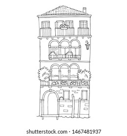 Hand-drawn cute venetian house. Black and white line drawing